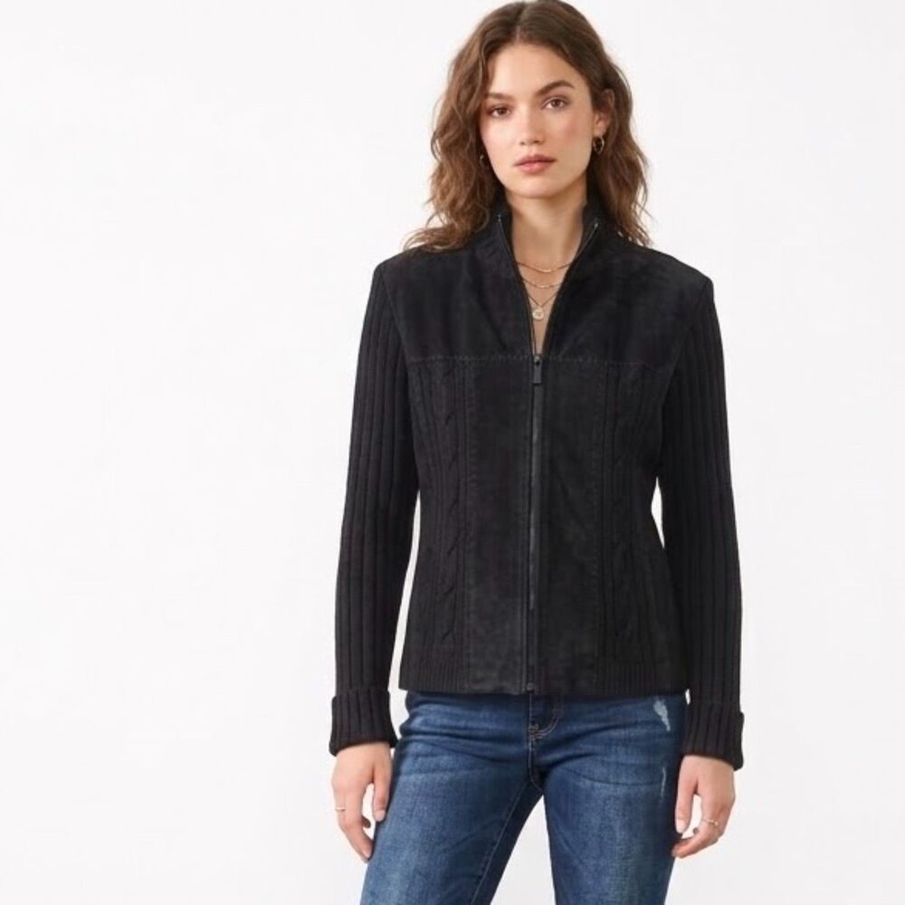 VTG Y2K Coldwater Creek Women's PL Suede Leather Knit Cardigan Jacket Black